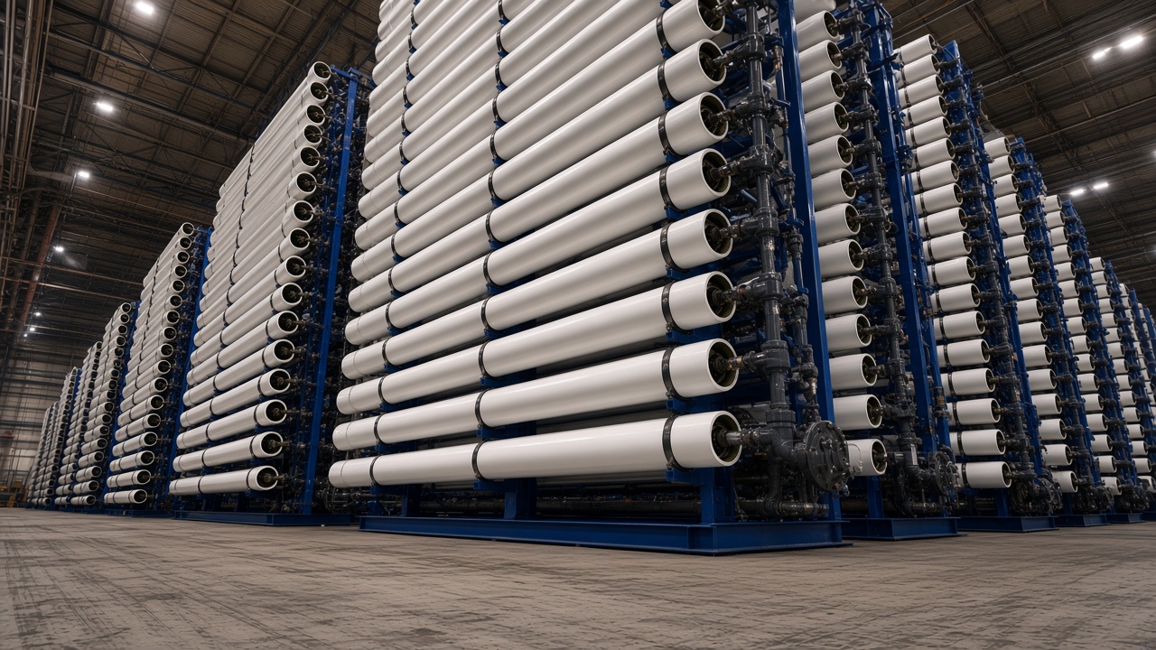 Seawater reverse osmosis hall with tall pressure-vessel membrane racks in a steel industrial plant