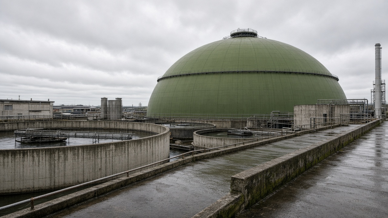 Municipal wastewater treatment plant under soft daylight — illustrative